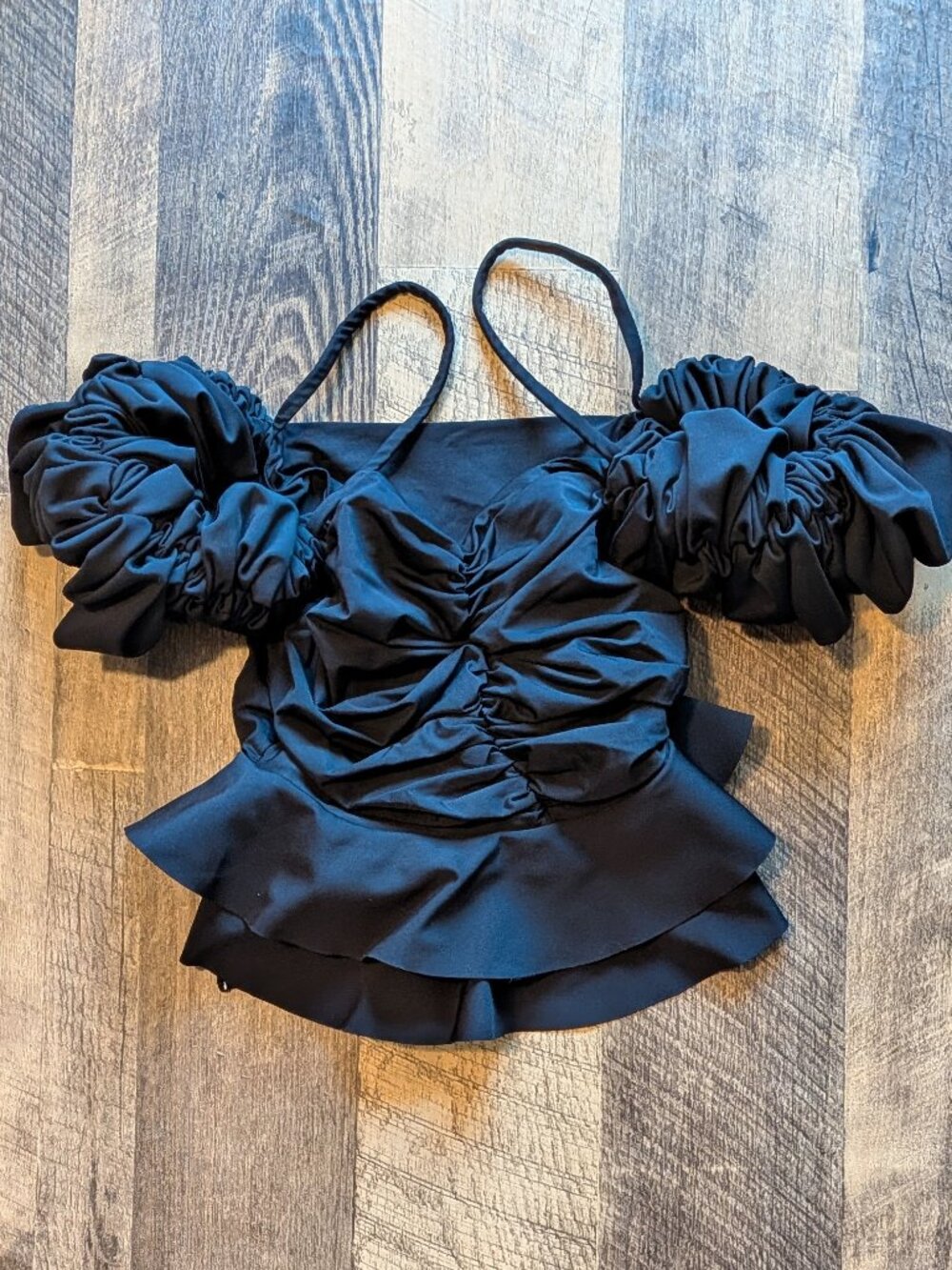 Maygel Coronel Ruched Front Off the Shoulder Ruffle Swim Top Black